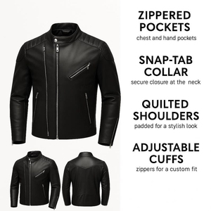Men's Black <b>Sheepskin</b> Leather Biker <b>Jacket</b> - Slim Fit Moto Coats New Fashion Solid Pattern Casual Style Front Logo - Product Image 5
