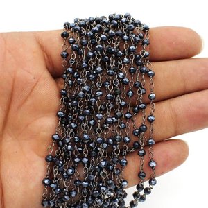 Chaîne de chapelet en tourmaline noire hydro, 4 mm, rondelle, fil plaqué noir, en rouleau, pour la fabrication de bijoux - Product Image 6