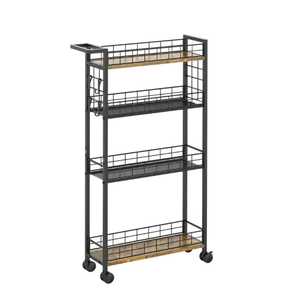 Skies Trader 3 Tier Black Metal Mesh Rolling Cart Wooden Top Board <b>Pull</b> Out Basket Storage <b>Trolley</b> Mobile Kitchen Shelf Stand - Product Image 3