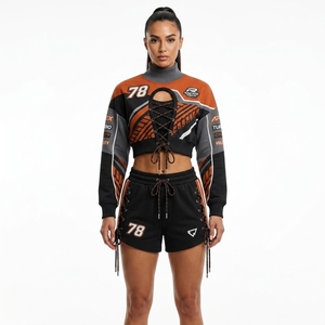 Conjunto Deportivo de Verano para Mujer, Ligero, de Poliéster/Algodón, con Estampado, Sudadera Corta con Cordones y Pantalones Cortos, Estilo Racing, Personalizable para Equipos - Product Image 2