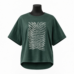 Camiseta Verde Lavada Oversize para Mujer con Estampado de Hojas Abstractas, Ajuste Holgado Casual, Algodón, Precio Económico, Venta al por Mayor, OEM 2026 - Product Image 5