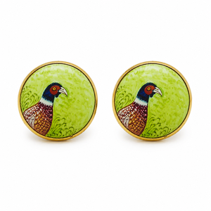 Handmade Enamel Brass <b>Cufflinks</b> – Pheasant Portrait Design, Lime Green Base Gold Tone Finish - Product Image 2