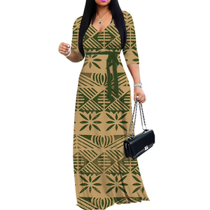 Vestido Largo Elegante con Cuello en V para Mujer, Diseño de Tatuaje Polinesio Samoano, Refresco de Verano, Moda Pasifika - Product Image 5