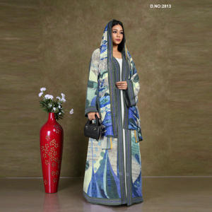 Chiffon Abstract Printed Open Front Abaya Style <b>Shrug</b> with Hood Border Panel Modest Wear Full Length Contemporary Flow Design - Product Image 2
