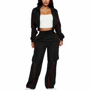 ชุดวอร์มกันลมแบบมีฮู้ดสำหรับทุกเพศ ขายส่ง เป็นมิตรกับสิ่งแวดล้อม ชุดออกกำลังกายแบบสั่งทำ 2 ชิ้น สีตัดกัน สำหรับฤดูใบไม้ร่วง - Product Image 2