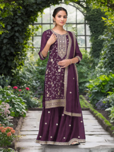 Presentamos un conjunto de salwar kameez de diseño personalizado y cómodo, con tela de seda Vichitra de alta calidad y gran volumen, y dupatta. - Product Image 3