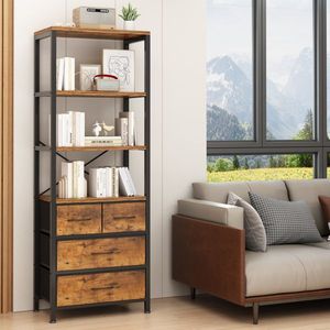Libreria a 6 Ripiani e 3 Cassetti in Truciolato con Struttura in Ferro e Tessuto Non Tessuto, 60x35x174cm, Effetto Legno Nero, Nera - Product Image 3