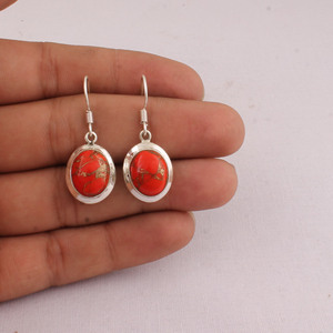 925 Sterling Silver <b>Red</b> Copper Turquoise Vintage Engagement Drop <b>Earrings</b> Bezel Set Oval Gemstone Jewelry - Product Image 2