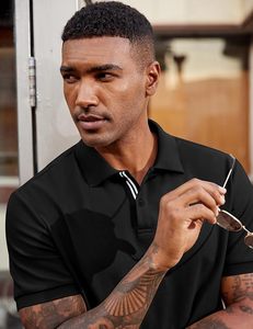 Men's <b>Black</b> Short Sleeve <b>Polo</b> <b>Shirt</b> Solid Color Casual Woven Oxford Fabric Button Design Regular Fit - Product Image 2