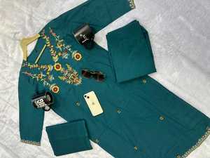 Elegant Dark Green 100% Cotton Embroidery Three Piece Suit for Women with Kurta Pant <b>Dupatta</b> Ethnic Wear Wholesale - Product Image 3