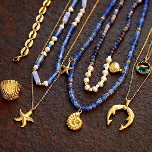 สร้อยคอประดับลูกปัดสีน้ำเงิน หินธรรมชาติ เปลือกหอย ดีไซน์โบโฮ สร้อยคอแบบหลายชั้นสำหรับผู้หญิง เงินแท้ 925 ชุบทอง 14K - Product Image 3