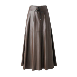 Women's High Waist A-Line PU Leather Floor-Length Skirt Solid Color <b>Lace</b>-up Elegant Style All Seasons Wear - Product Image 1
