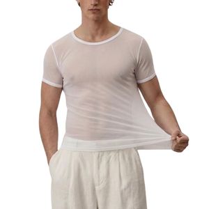 Chemises décontractées pour hommes à manches courtes en maille transparente personnalisée, col rond, style streetwear tendance - Product Image 4