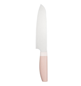 Ensemble de couteaux de cuisine à manche rose avec lames argentées, hachoir, ciseaux et bloc de rangement beige avec dessus marron clair pour la préparation des aliments - Product Image 3