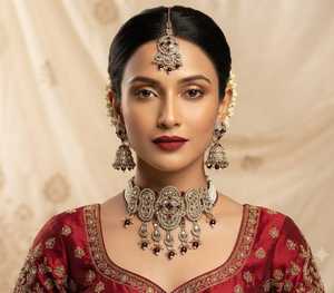 Ethnic Gold Plated Alloy <b>Crystal</b> Rhinestone Tempal Laxmi Necklace Jewellery <b>Set</b> High Quality Flower Design IGI Certified Women's - Product Image 3