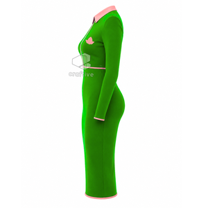Alpha |   Kapa |   Robe moulante mi-longue verte Alpha pour femme avec col polo rose contrastant, fermeture éclair quart de tour, manches longues, coupe ajustée, style décontracté - Product Image 3