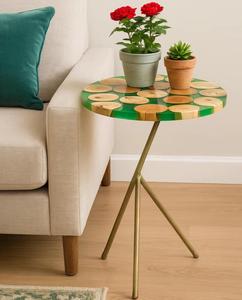 Modern <b>Round</b> Wood <b>Side</b> <b>Table</b> with Green Resin Top and <b>Gold</b> Metal Legs for Living Room Decor - Product Image 1