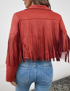 Blazer court rouge en faux daim à franges pour femme, manches longues, ouvert sur le devant, veste d'extérieur tendance automne - Product Image 2