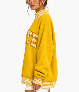 Sweat-shirt oversize à col montant pour femme, en tissu épais, avec patchwork personnalisé à carreaux vichy, style streetwear universitaire - Product Image 2