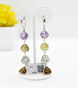 Natural Multi Gemstone <b>Earrings</b> On 925 Sterling <b>Silver</b> Spiral Faceted Amethyst Lemon Quartz Peridot Smoky Topaz Long Drop <b>Dangle</b> - Product Image 5