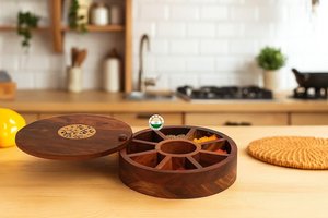 Handmade Indian Spice <b>Box</b> Masala Dabba – <b>Floral</b> Burnt Rosewood Wooden Spice Organizer with 9 Compartments - Product Image 3