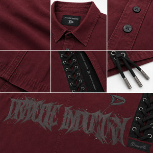 Chemise Y2K gothique en dentelle bordeaux pour homme, coupe oversize et carrée, manches courtes, avec empiècements latéraux, style streetwear, boutonnée, décontractée et audacieuse, vente en gros - Product Image 6