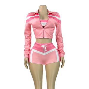 Conjunto de ropa de verano personalizado al por mayor de 3 piezas: Chándal ajustado con bloques de color, sujetador deportivo con cremallera, chaqueta y pantalones cortos de ajuste ceñido 100% algodón - Product Image 6