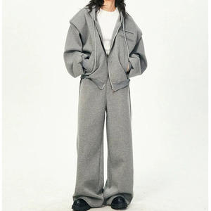 Conjunto Deportivo Gris para Mujer, con Capucha, Holgado, de Manga Larga, Color Sólido, Informal, para Otoño, con Bolsillos Laterales y Cierre de Cremallera - Product Image 1