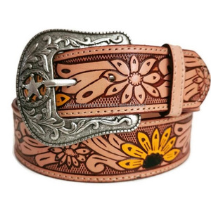 Personalized Hand <b>Tooled</b> Floral Pattern Tan Finish Western <b>Leather</b> <b>Tooling</b> <b>Belt</b> for Men with Removable Floral Brass Buckle - Product Image 2