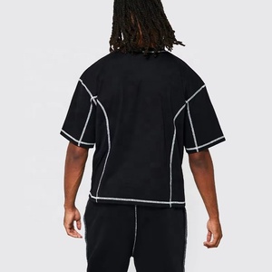 Service OEM, impression personnalisée par transfert thermique, logo, t-shirts pour hommes en coton 100% lourd, coupe ample, épaules tombantes, surpiqûres contrastées - Product Image 3