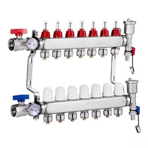 Colector de Calefacción Radiante de 7 Ramificaciones con Tubería PEX de 1/2'', Colector de Acero Inoxidable para Calefacción por Suelo Radiante Hidrónico para Sistemas HVAC - Product Image 1