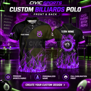 เสื้อโปโลผู้ชาย Civic Sports Custom Billiards แขนสั้น ลายพิมพ์ซับลิเมชั่น สำหรับทีมบิลเลียด 8 ลูก ผ้าโพลีเอสเตอร์ 100% - Product Image 4