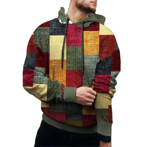 Sweat-shirt à capuche vintage pour homme, imprimé patchwork à carreaux, tricoté en blocs, graphique, faible MOQ, vente en gros - Product Image 3