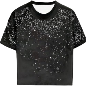 Camiseta de Verano para Mujer con Diamantes de Imitación, Algodón Suave, Transpirable, Ecológica, Informal, de Primera Calidad, Fabricante Mayorista - Product Image 1