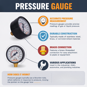 Hydroplus International Brass Analog Pressure <b>Gauge</b> 0-150 PSI DN65 Back Connection BSP 1/4 Male <b>Thread</b> Black Dial - Product Image 5