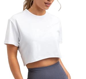 Camiseta corta de manga corta para mujer, cuello redondo, color sólido, corte ajustado, informal, de verano, tejida en spandex/algodón, en oferta. - Product Image 3