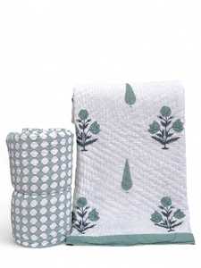 Classic <b>Quilted</b> Cotton <b>Bedding</b> Set with Embroidered Floral Pattern in Mint Green and White for Home Use - Product Image 1