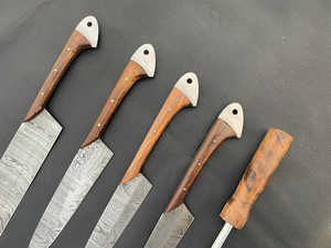 Ensemble de couteaux de cuisine en acier Damas de qualité supérieure, 5 pièces, avec manche en bois, couteau de chef, couteau à découper, couteau à trancher et couteau utilitaire avec aiguiseur - Product Image 3