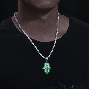 Colgante de Mano de Hamsa Plateado con Incrustaciones de Diamantes de Imitación, Contorno Verde, Estilo Hip Hop, Joyería de Moda Unisex, Regalo - Product Image 3