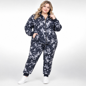 Ensemble de survêtement imprimé grande taille pour femme, 100 % coton molletonné, veste à col montant et pantalon décontracté, tenue d'hiver - Product Image 2
