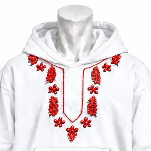 White Indus Embroidered <b>Hoodie</b> Traditional Floral <b>Stitching</b> Kangaroo Pocket Relaxed Fit Casual Streetwear Winter Pullover Top - Product Image 3
