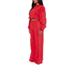 2 Piece Heavyweight Fleece Women's Tracksuit OEM Boxy Drop Shoulder Crop Pullover Solid Color Contrast Piping Women's Hoodies - Product Image 3