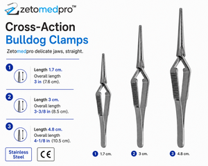 Pinzas de sujeción tipo bulldog de acción cruzada con mordazas rectas delicadas, longitudes de 1.7cm, 3cm, 4.8cm; longitud total de 7.6cm, 8.5cm, 10.5cm ZETOMEDPRO - Product Image 2