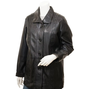 Chaqueta de Mujer de Cuero Genuino con Cuello Alto, Manga Larga, Cierre de Botones, Color Sólido, Largo Regular, para Otoño - Product Image 6
