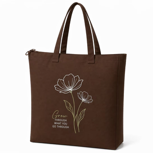 300gsm Brown <b>Canvas</b> <b>Tote</b> Bag 21x19x3 Cotton Zipper Closure Extra Large Reusable Eco Friendly Travel Shopping Bag Long Handle - Product Image 1