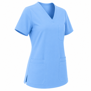 Haut de blouse médicale pour femme, col en V, manches courtes, couleur unie bleu ciel, avec poches, tenue d'hôpital - Product Image 3