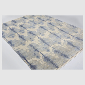 Alfombra de Área de Ikat de Lana y Seda Anudada a Mano, Suave, Azul Cielo y Marfil, Geométrica, Desgastada, Moderna, para Sala de Estar - Product Image 6