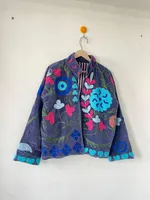 Blouson Bomber en Velours Fait Main Unisexe, Broderie Florale Bohème, Col Mandarin, Style Ouvert sur le Devant, Coton Respirant, Automne