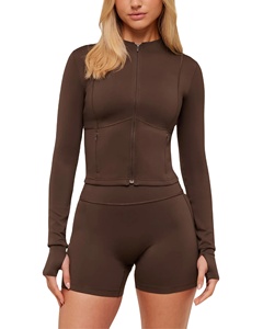 Veste de yoga légère et respirante pour femme, entièrement zippée, col montant, avec trous pour les pouces, coupe ajustée, en Spandex/Nylon, veste de course avant zippée - Product Image 1