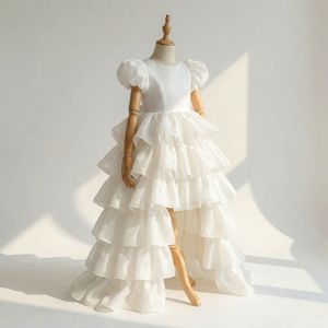 Ruffle Tulle Layers High Low Long Tail <b>Flower</b> <b>Girl</b> <b>Dress</b> For Wedding Easter Ceremony <b>Girls</b> Chic <b>Ivory</b> Princess Sequin Embroidery - Product Image 2